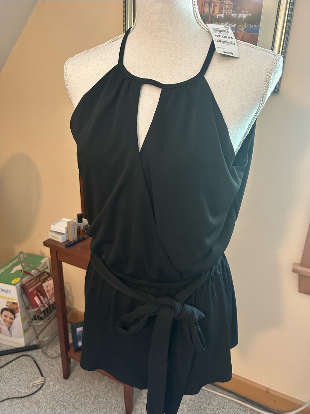 INC International Concepts Black Sleeveless Keyhole Waist-Tie Blouse NWT!!